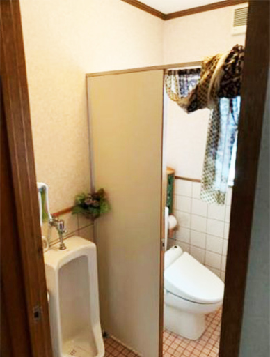 小便器と大便器があり、真ん中に間仕切り壁がありました。<br />
壁があるので少し薄暗く感じました。