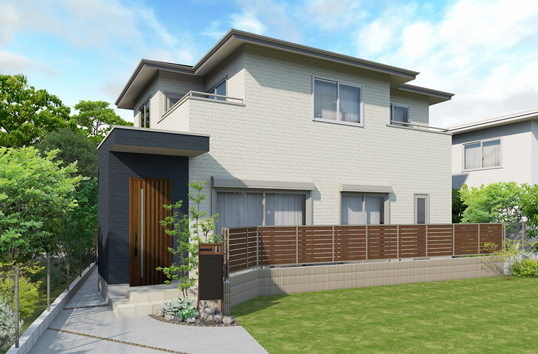 玄関アプローチやウッドデッキがついた庭付きの家の写真