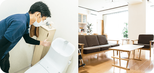 トイレを確認する代表とリビングの画像